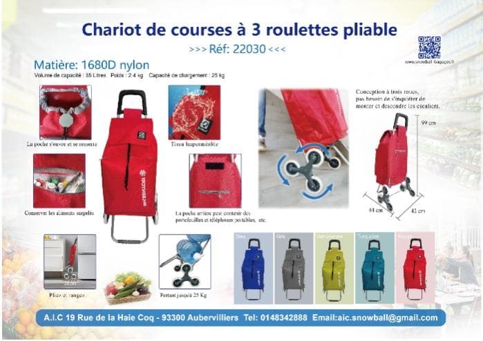 Chariot de courses à 3 roulettes pliable