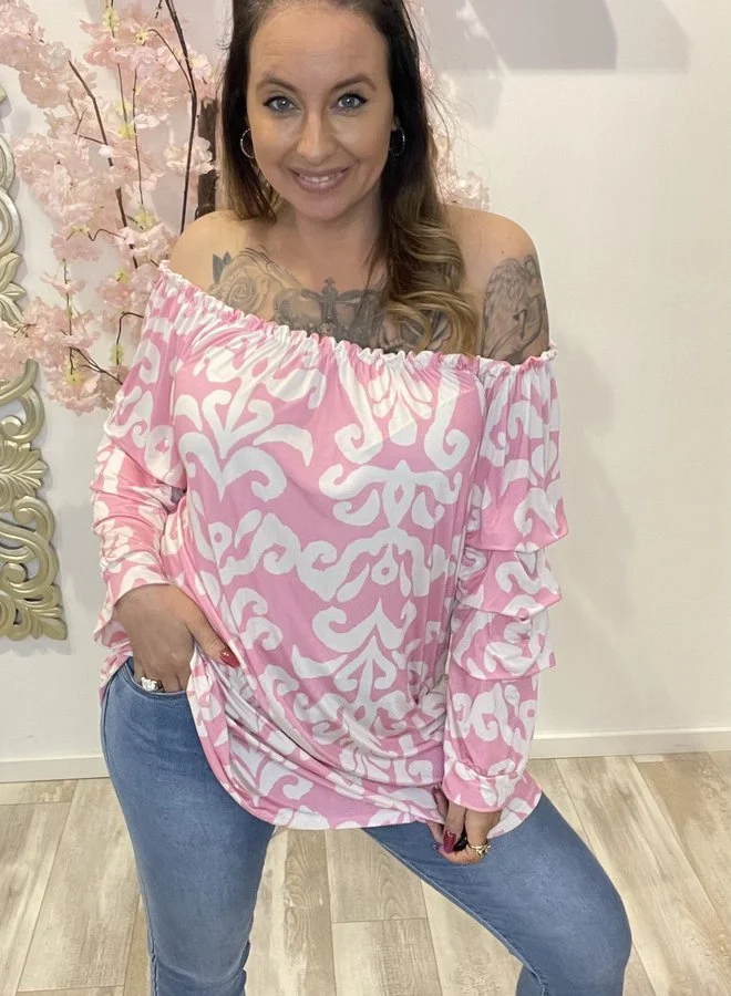 Stretch Top Low Shoulder 'Printed' Roze