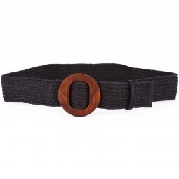 RUBBER WATT BELT WITH ROUND WOODEN BUCKLE IN BLACK