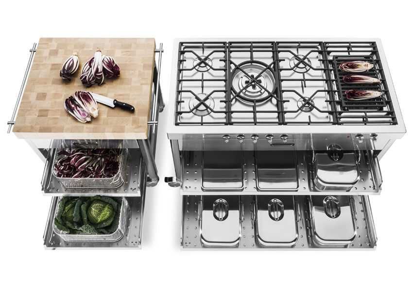 Hob unit with 5 gas burners, electric grill with cast iron grid, and front controls.