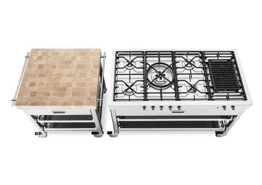 Hob unit with 5 gas burners, electric grill with cast iron pan supports, and front controls