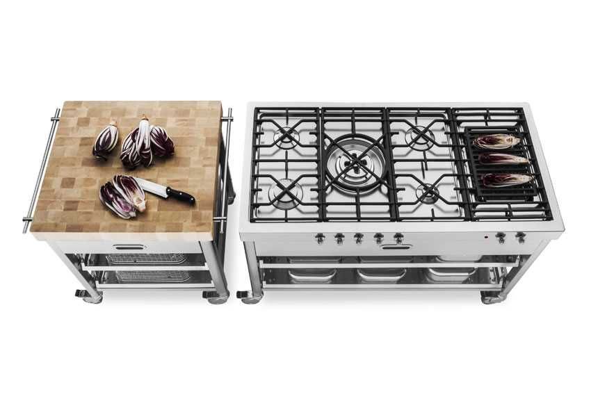 Hob unit with 5 gas burners, electric grill with cast iron grid, and front controls