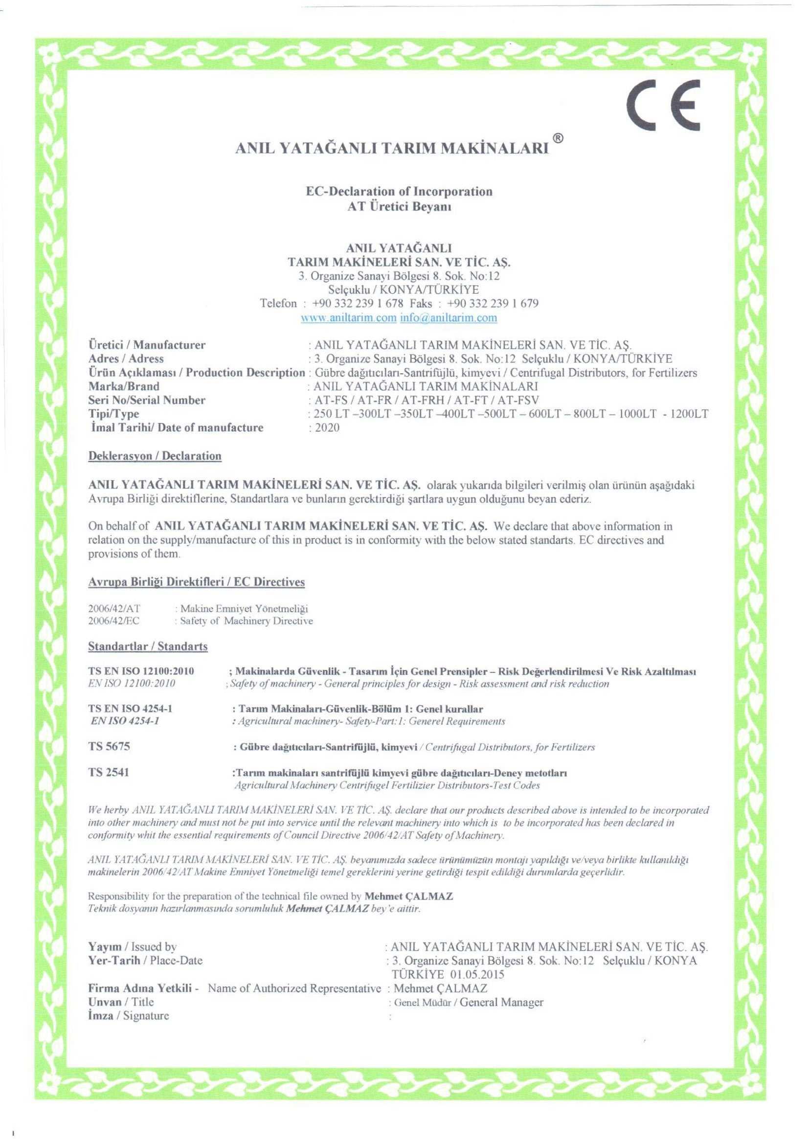 Anıl Yatağanlı Agricultural Machinery Inc.-certificate
