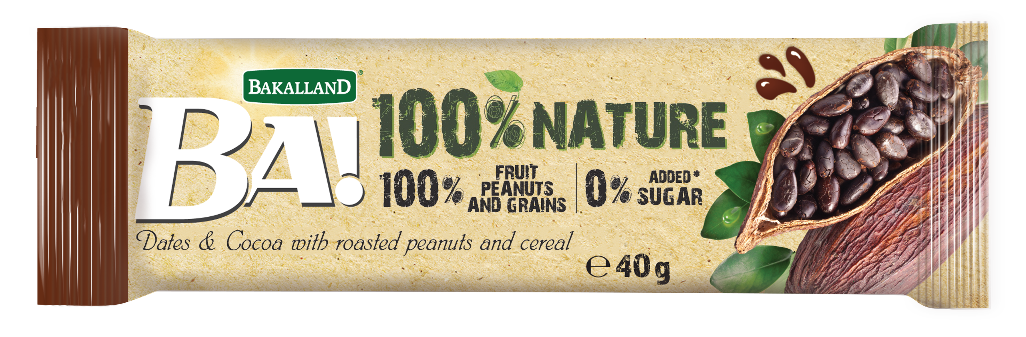 BA! % 100 Doğa: Kavrulmuş yer fıstığı ve tahıl içeren tarihler ve Kakao (40 g)