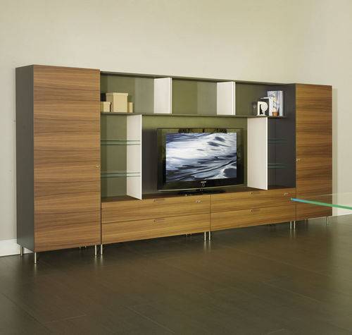 Contemporary modern tv wall unit / wood / glass / aluminum