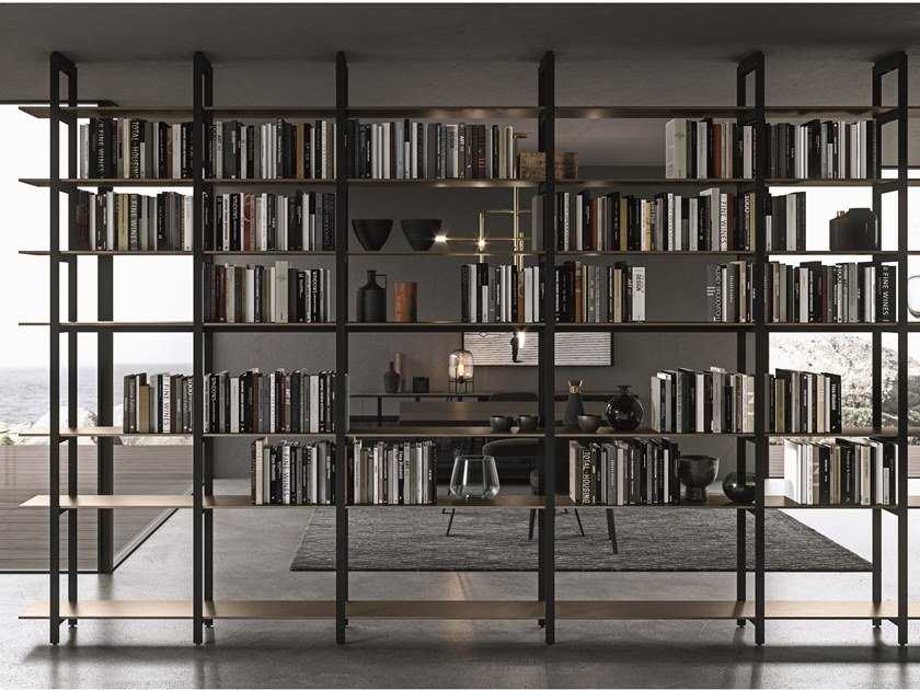 Open floor-ceiling mounted bookcase