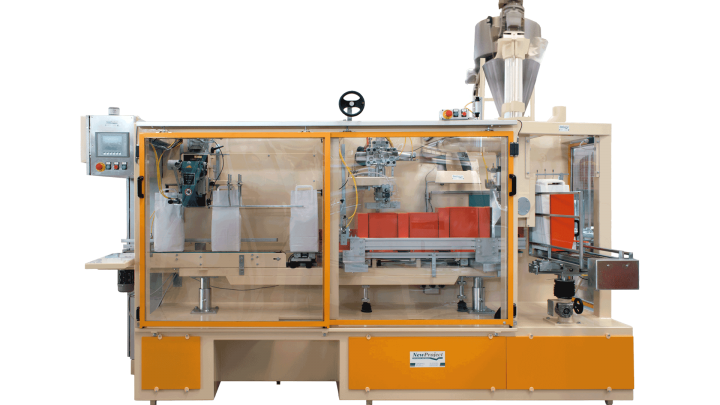 Упаковочная машина средней производительности для формованных бумажных мешков от 1,0 до 5,0 кг зашиванием.