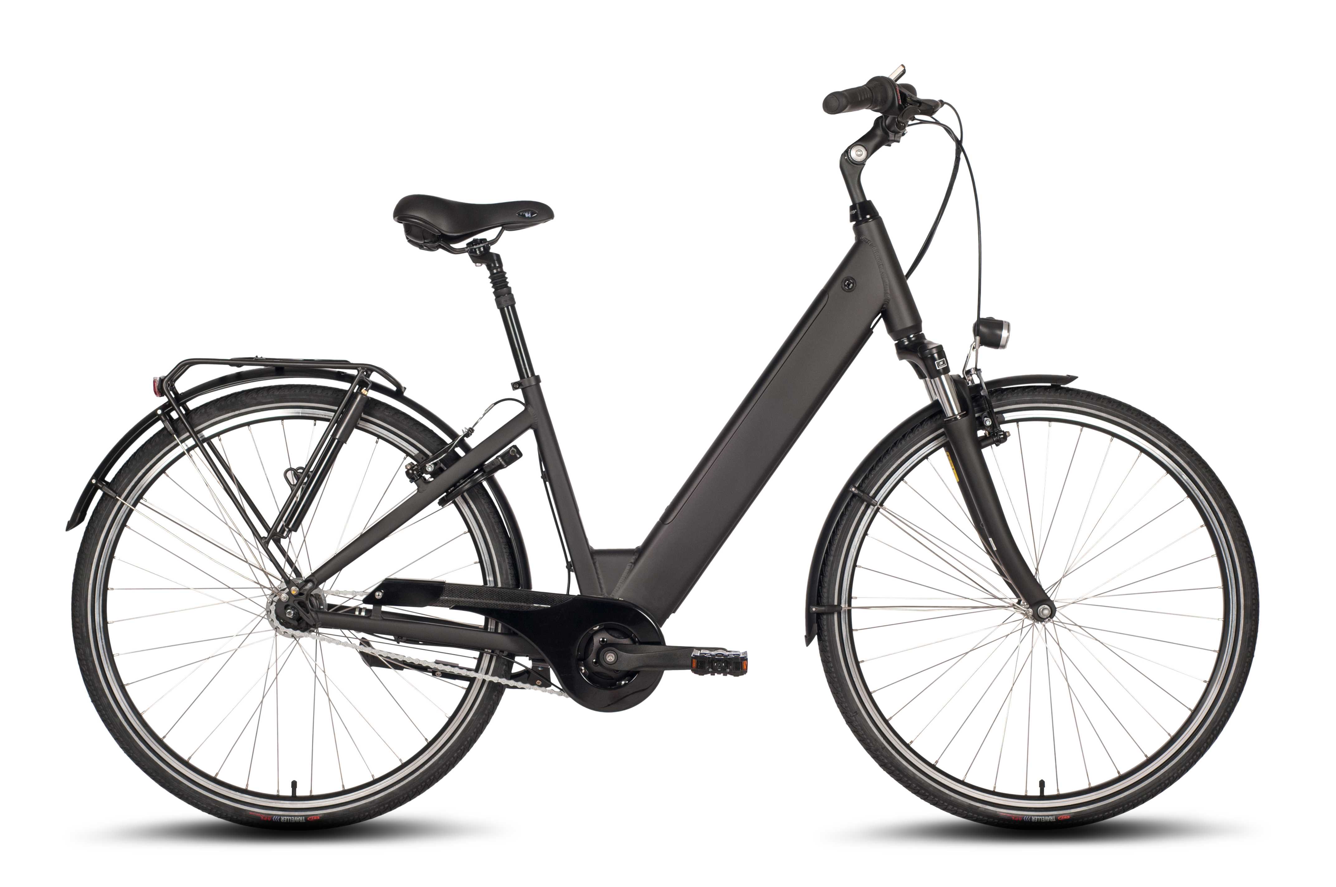 Mid-engine e-bike with integrated battery, 7-speed gearshift and coaster brake