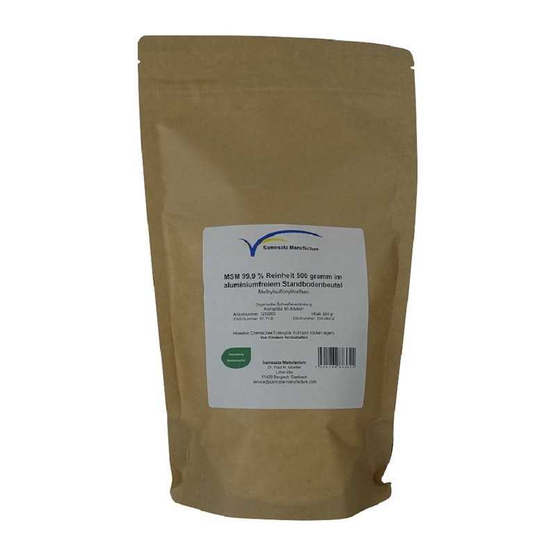MSM powder 99.9% purity 500g in an aluminum-free kraft paper stand-up pouch