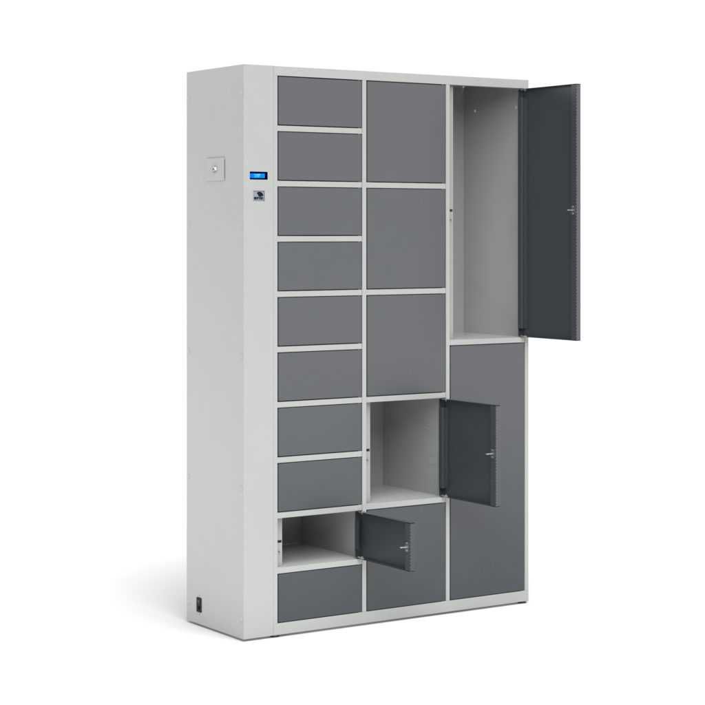Multi-compartment RFID cabinet with different-sized compartments