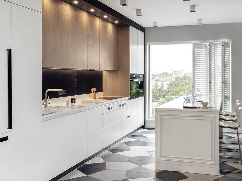 Wood veneer kitchen with island